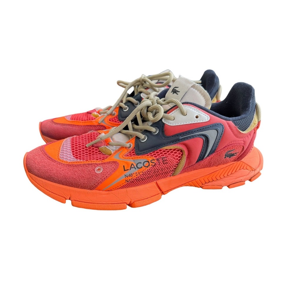 Lacoste L003 Neo Sneakers Mens 12 Orange Red Mesh Suede Runner Shoes Casual EUC - Picture 2 of 8